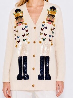 QUEEN OF SPARKLES Ivory Nutcracker Sequin Cardigan Preppy Christmas Sweater